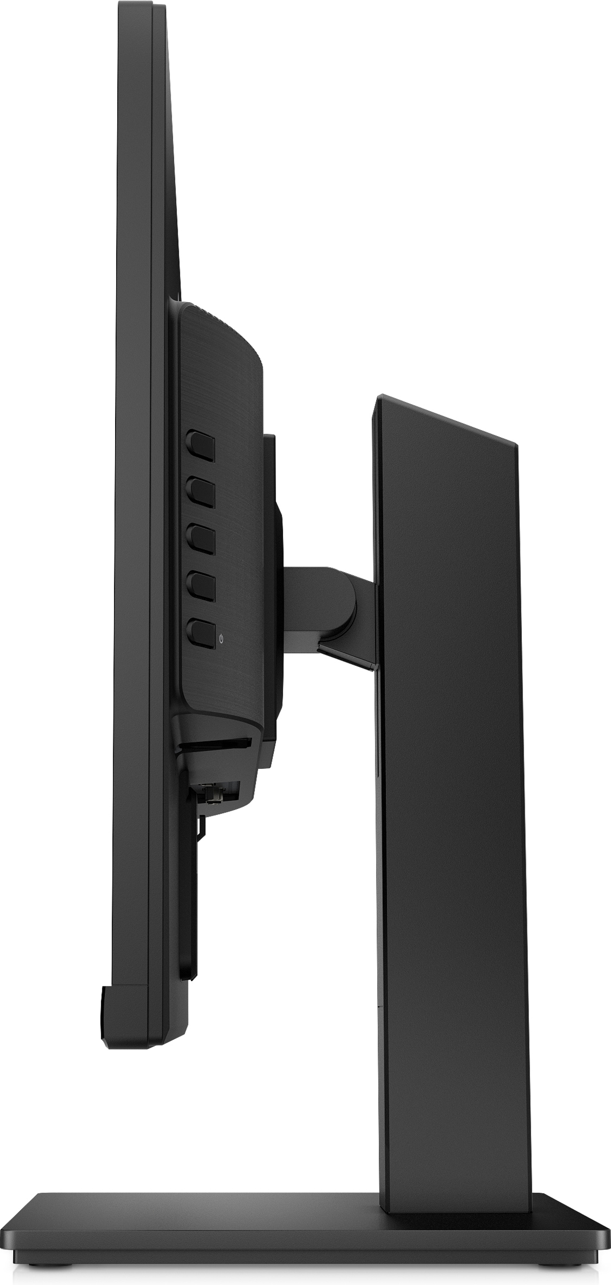Schwarzer Computermonitor. Seitenansicht, mit Knöpfen und einem Ständer. Minimalistisches Design.