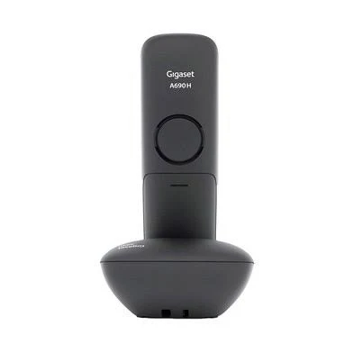 Un telefono cordless Gigaset A690H nero su sfondo bianco. Il telefono ha altoparlante e pulsanti.