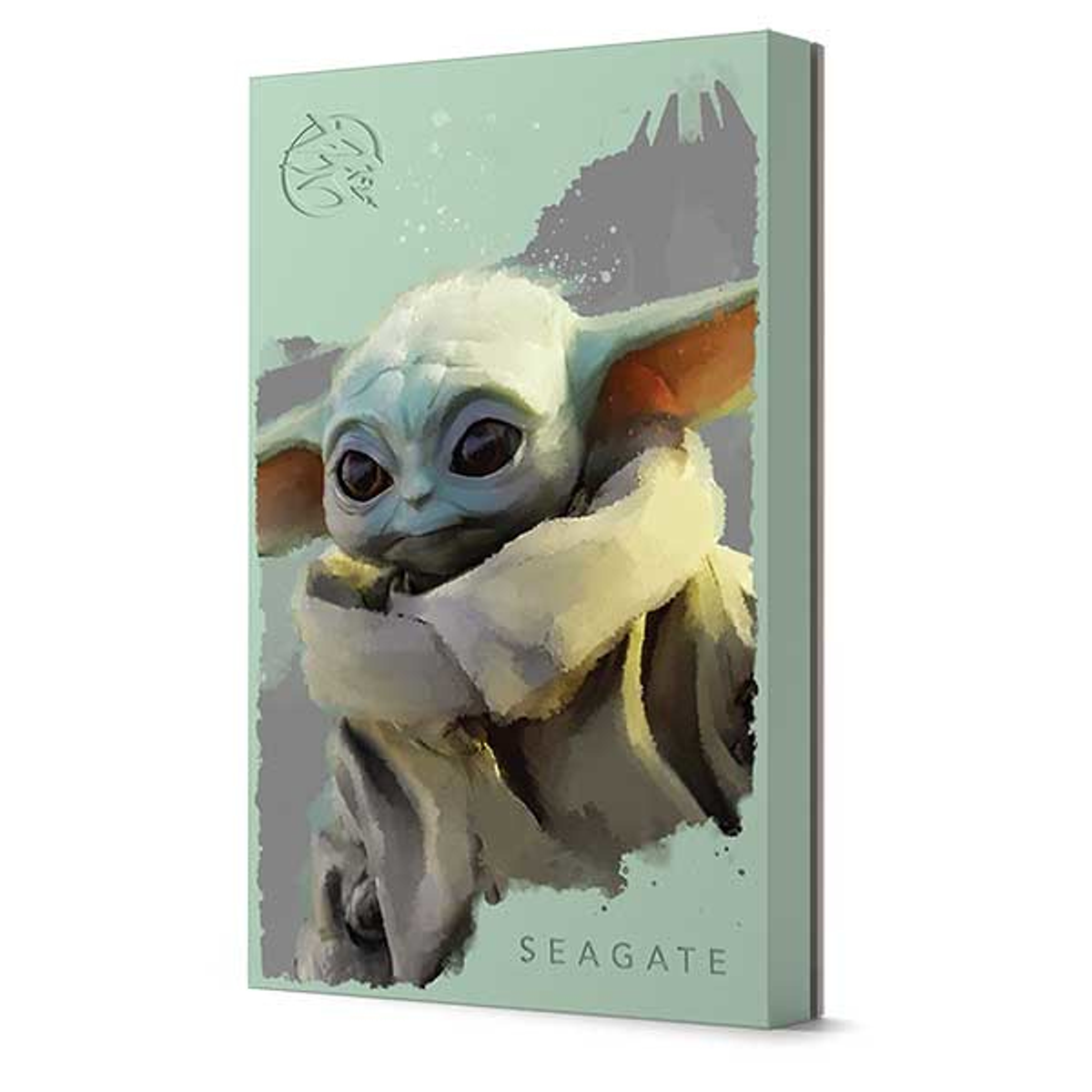 Eine grüne und graue externe Festplatte von Seagate mit The Child.