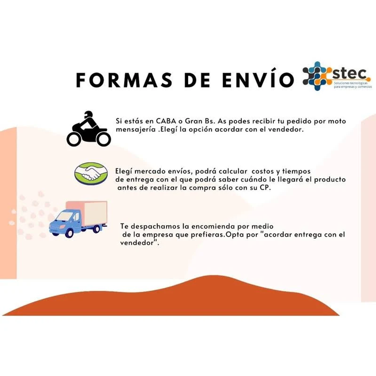 Grafika opcji wysyłki: motocykl, uścisk dłoni i ciężarówka dostawcza, z tekstem w języku hiszpańskim.