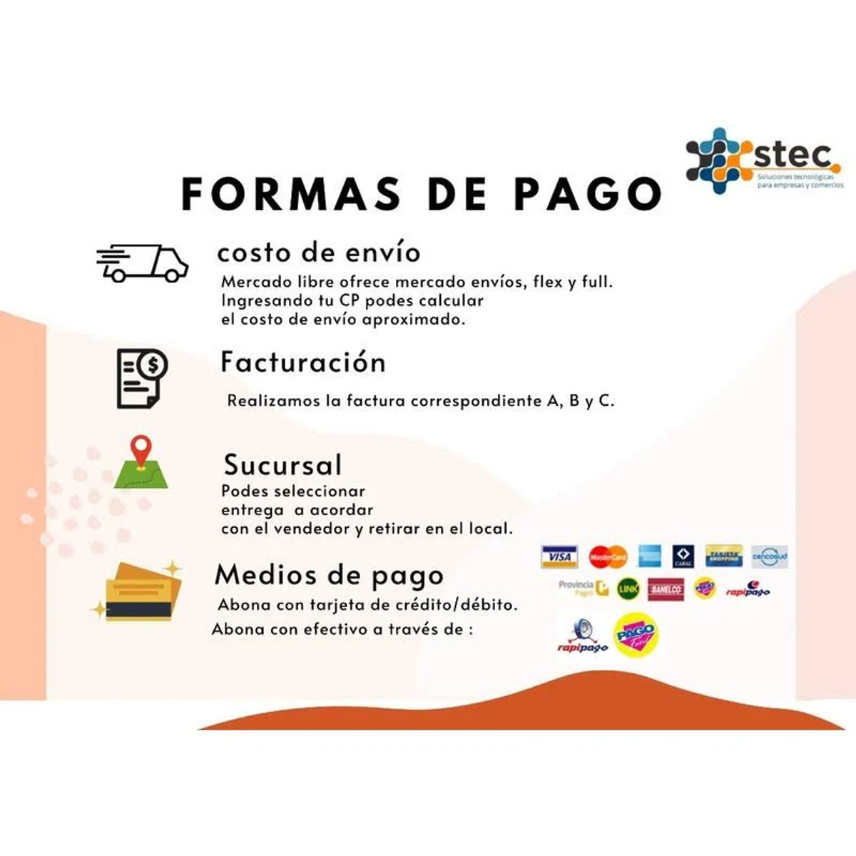 Infografika opcji płatności. Zawiera ikony kosztu wysyłki, faktur, oddziału i metod płatności.