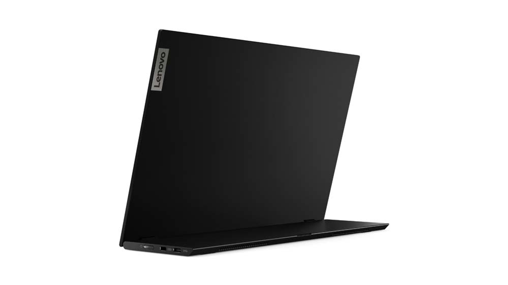 Czarny laptop Lenovo, widok z tyłu. Laptop jest lekko otwarty, widać zawias i logo Lenovo.