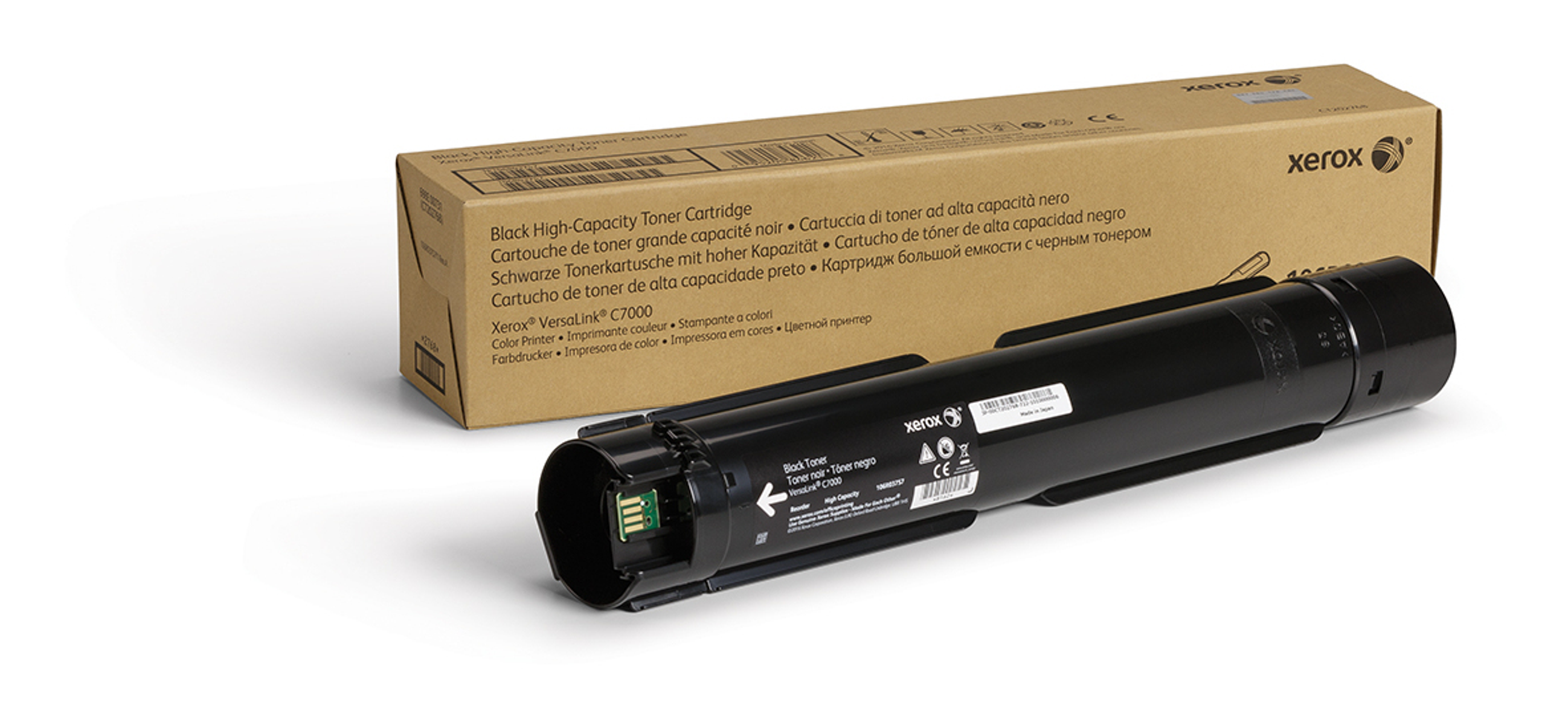Cartuccia toner nera e scatola Xerox su sfondo bianco.