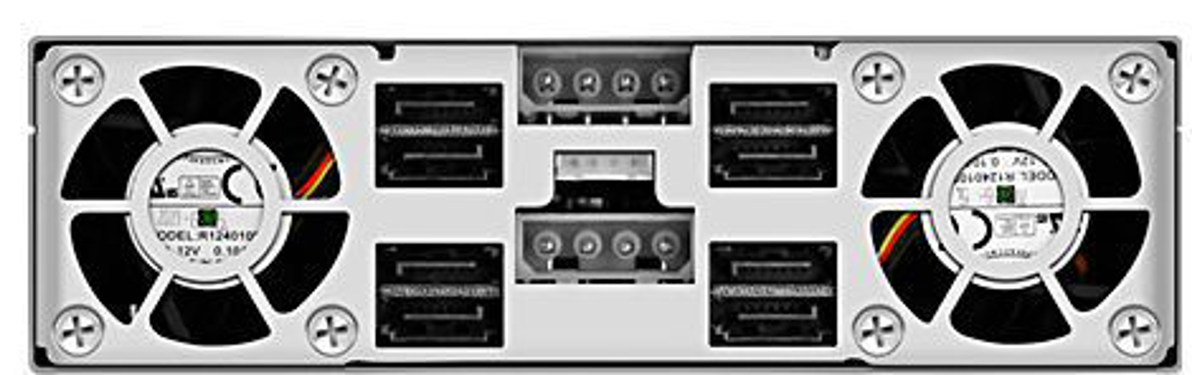 Die Rückseite eines Servers mit Lüftern und Anschlüssen. Das Layout ist symmetrisch.