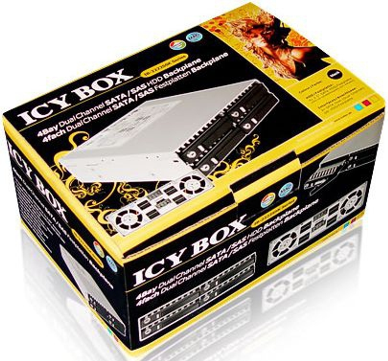 Box mit der Aufschrift 'ICY BOX'. Enthält eine Festplatten-Backplane.