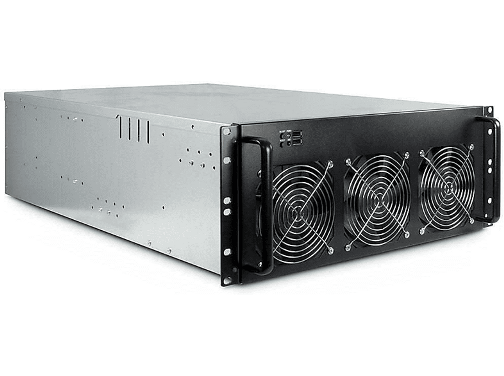 Obudowa serwera, srebrna z czarnym panelem przednim, z trzema wentylatorami.