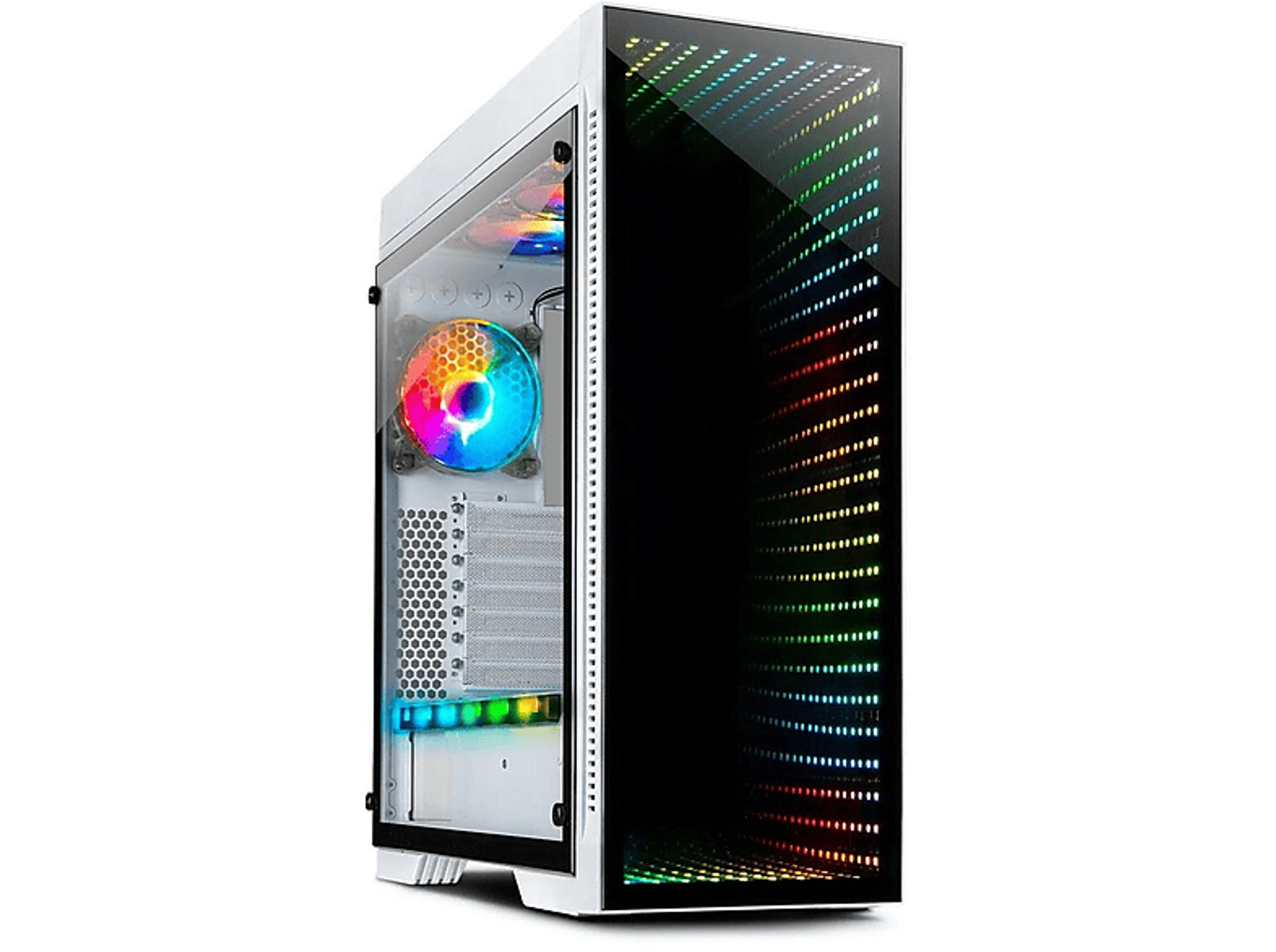 Biała obudowa komputera z przezroczystym panelem bocznym, pokazująca komponenty wewnętrzne i światła RGB.
