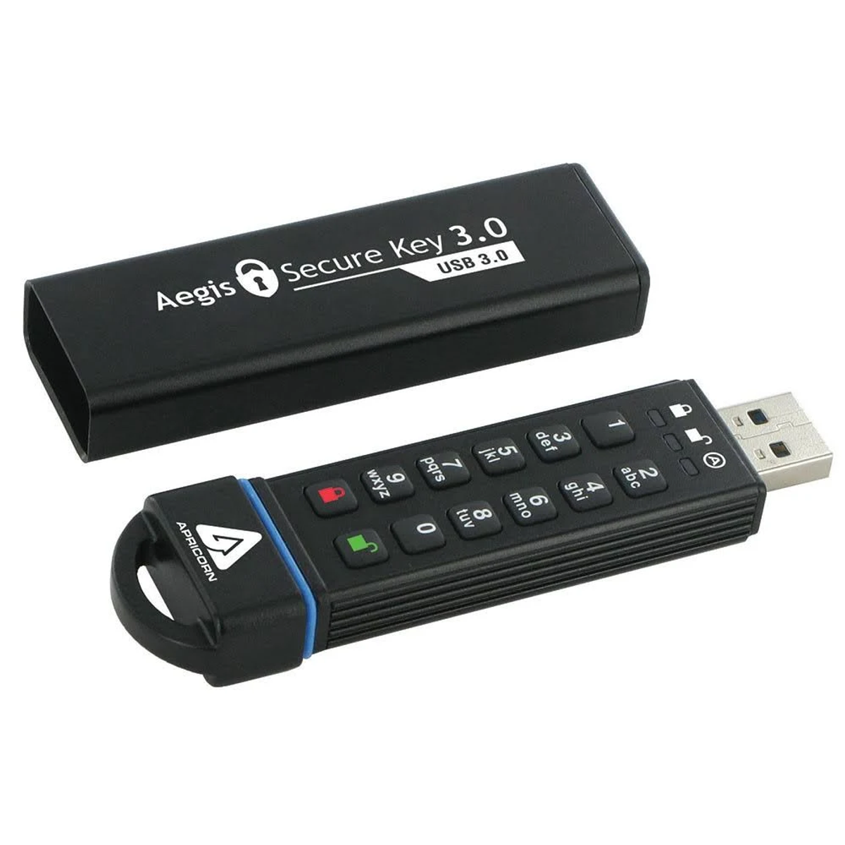 Un'unità USB sicura nera con tastierino e custodia protettiva, su sfondo bianco.