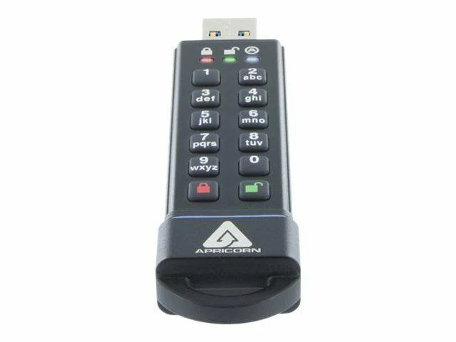 Chiavetta USB nera con tastierino. Ha un tastierino di numeri e simboli per le funzioni di sicurezza.