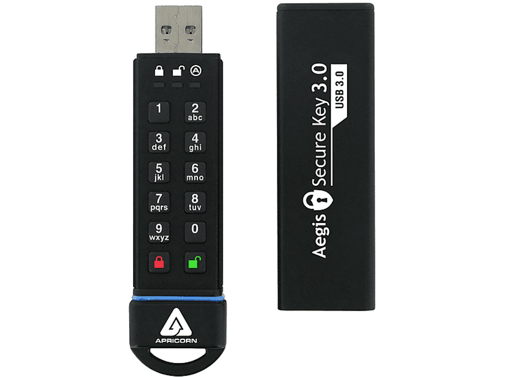 Chiavetta USB nera con tastierino e marchio Apricorn. Sfondo bianco.