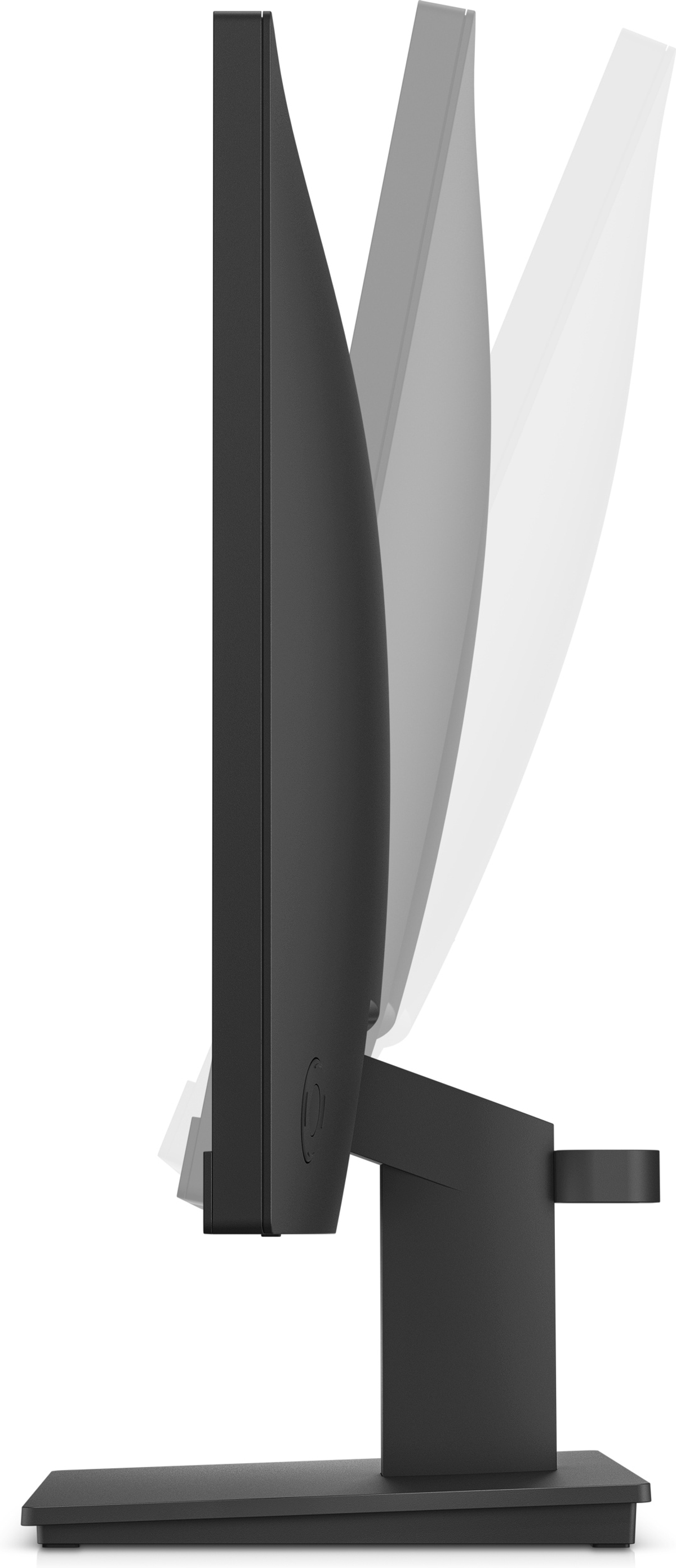 Czarny monitor z regulowanym nachyleniem. Widok z boku, białe tło.