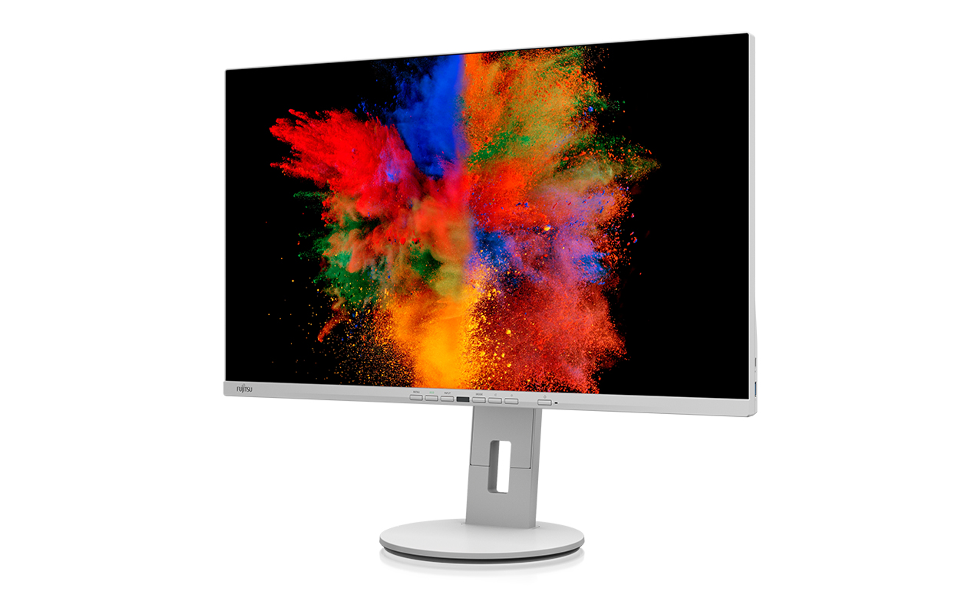Monitor bianco con supporto argentato, lo schermo mostra un'esplosione di colori.
