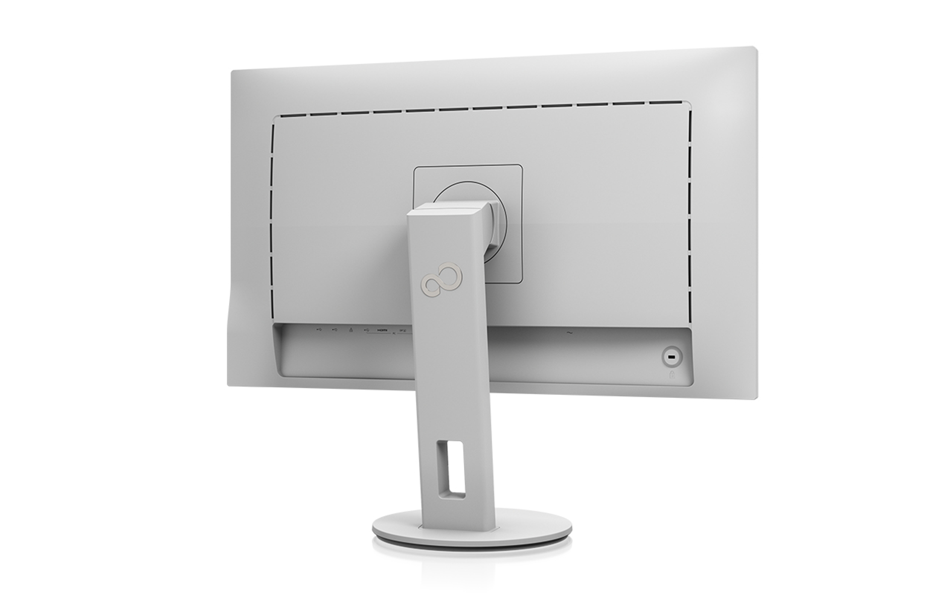 La parte posteriore di un monitor per computer bianco è mostrata su uno sfondo bianco.