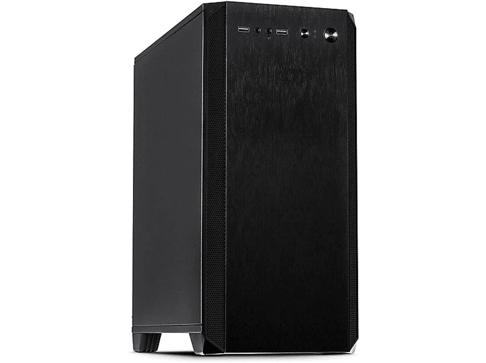 Schwarzes Computergehäuse, aufrecht stehend.