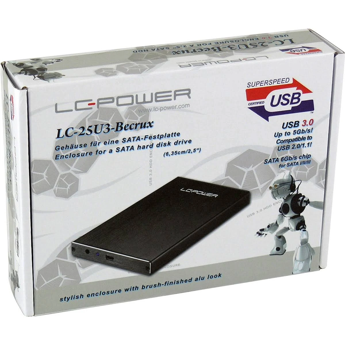 Eine weiße und schwarze Box für ein SATA-Festplattengehäuse. Ein schwarzes Festplattengehäuse befindet sich auf der Box.
