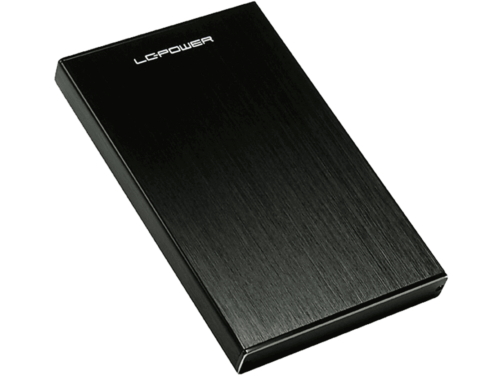 Schwarze externe Festplatte, mit dem Markennamen 'LC POWER' oben.