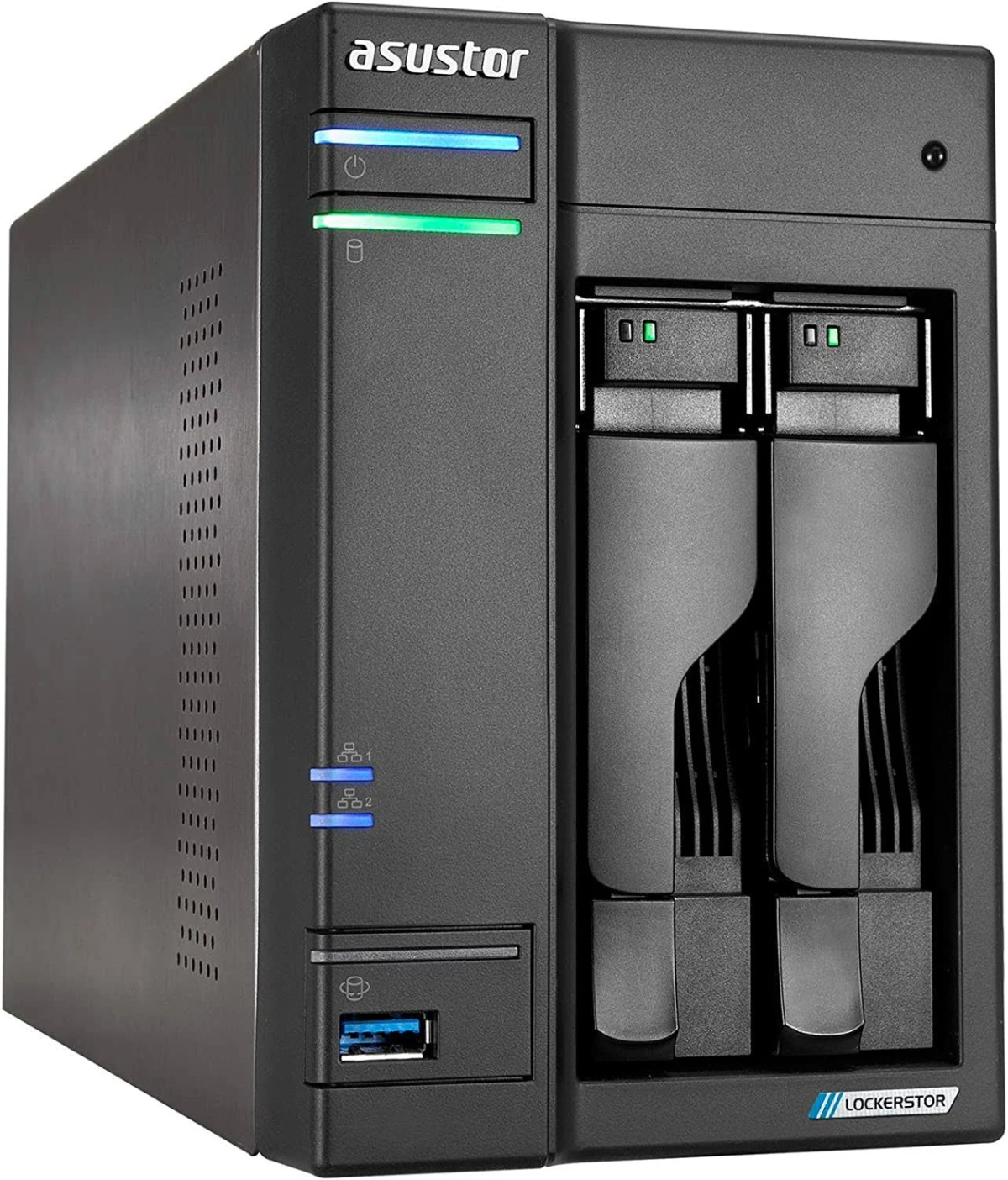 Schwarzes Asustor NAS-Gerät. Die Vorderseite hat Strom- und Laufwerksaktivitäts-LEDs und einen USB-Anschluss.