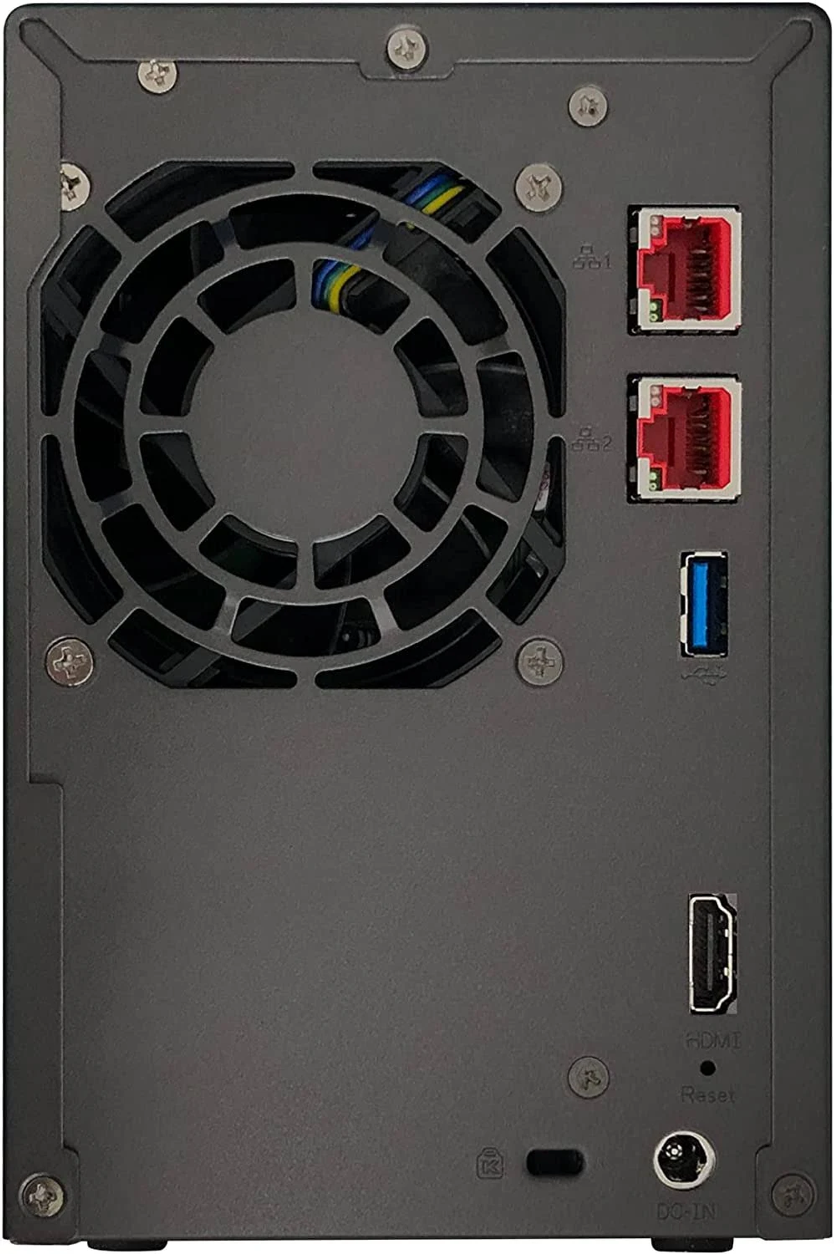 Rückansicht eines schwarzen Asustor NAS. Enthält Lüfter, Anschlüsse für LAN, USB, HDMI und Strom.