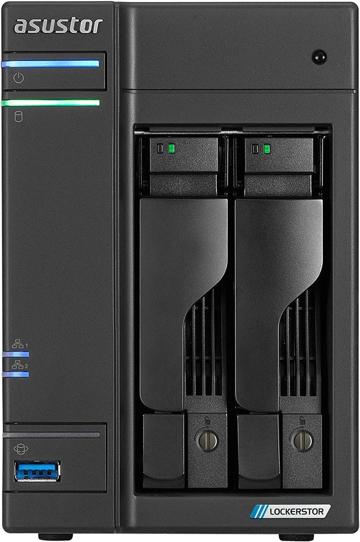 Schwarzes Asustor NAS. Vorderansicht mit Laufwerksschächten, Ein-/Ausschalter und Status-LEDs.