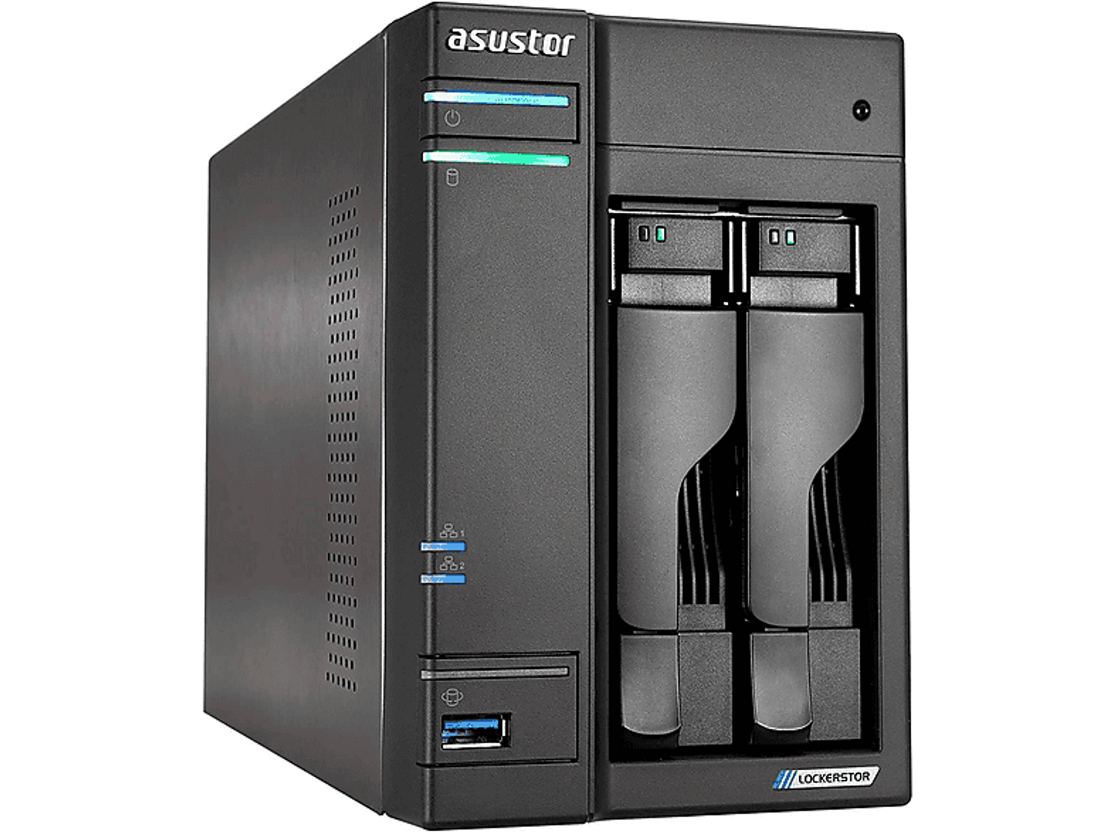 Schwarzes Asustor NAS-Gerät. Vorderansicht mit Laufwerksschächten, USB-Anschluss und Status-LEDs.