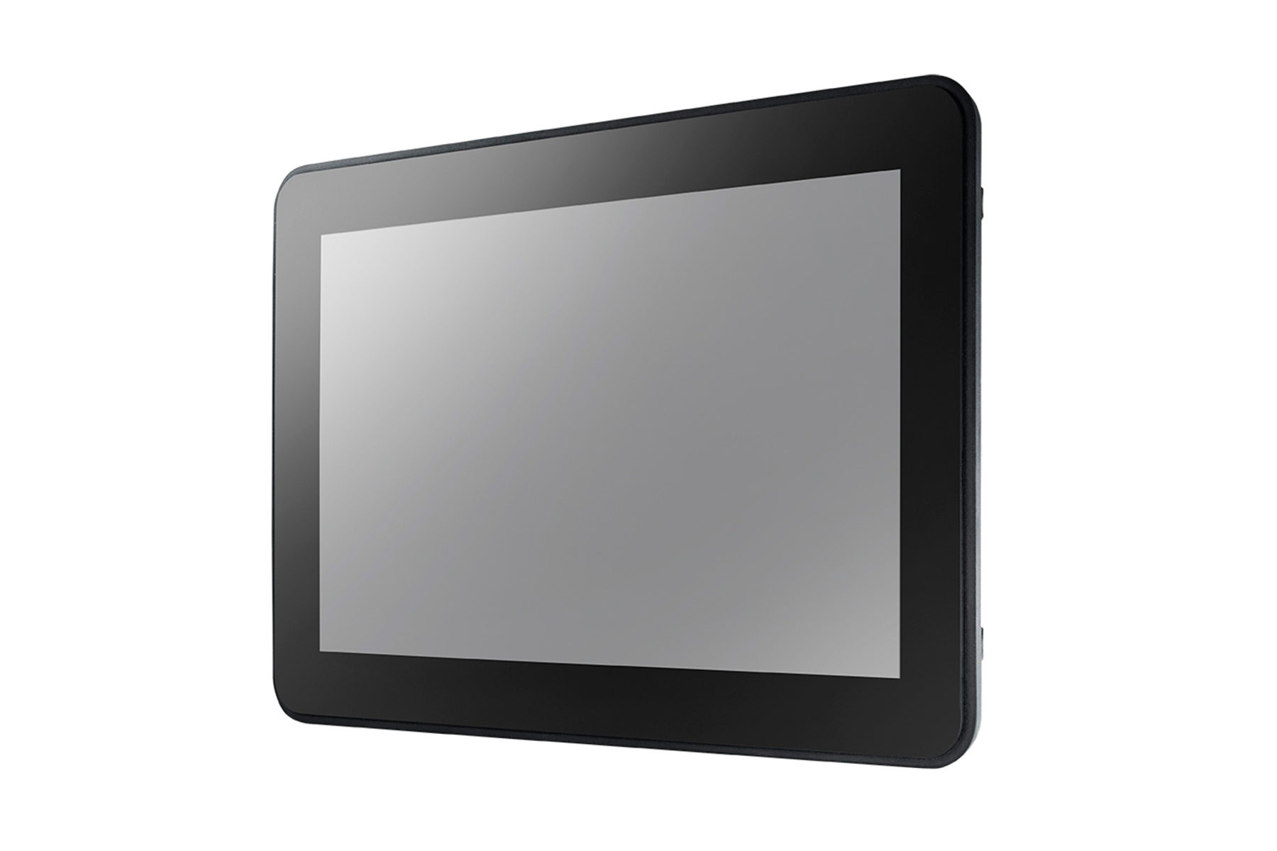 Ein schwarzes Tablet mit großem Bildschirm, das eine graue Anzeige zeigt. Das Tablet ist leicht angewinkelt.