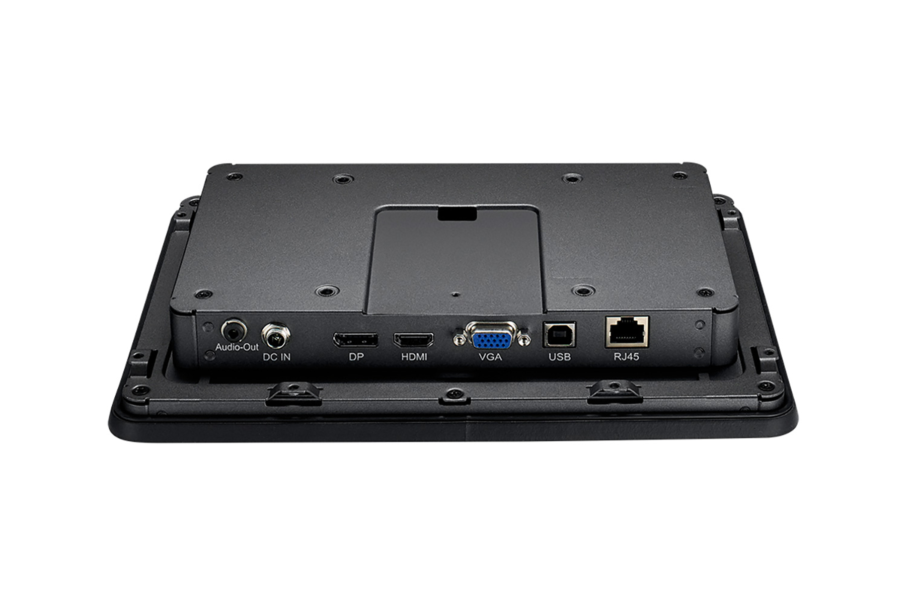 Ein schwarzer Touchscreen mit Anschlüssen für Audioausgang, DC-Eingang, DP, HDMI, VGA, USB und RJ45. Rückansicht.