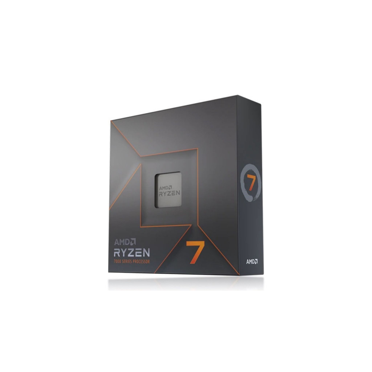 Czarny i szary karton z procesorem AMD Ryzen 7 w środku. Pudełko ma numer 7.