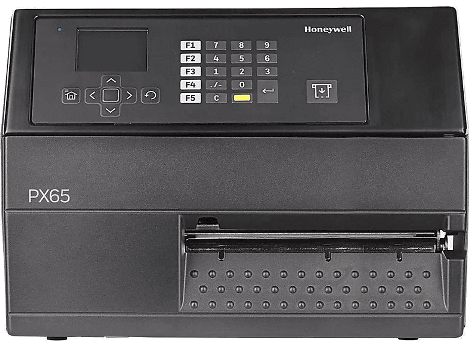 Schwarzer Honeywell-Drucker mit Bildschirm und Tasten, beschriftet mit PX65.