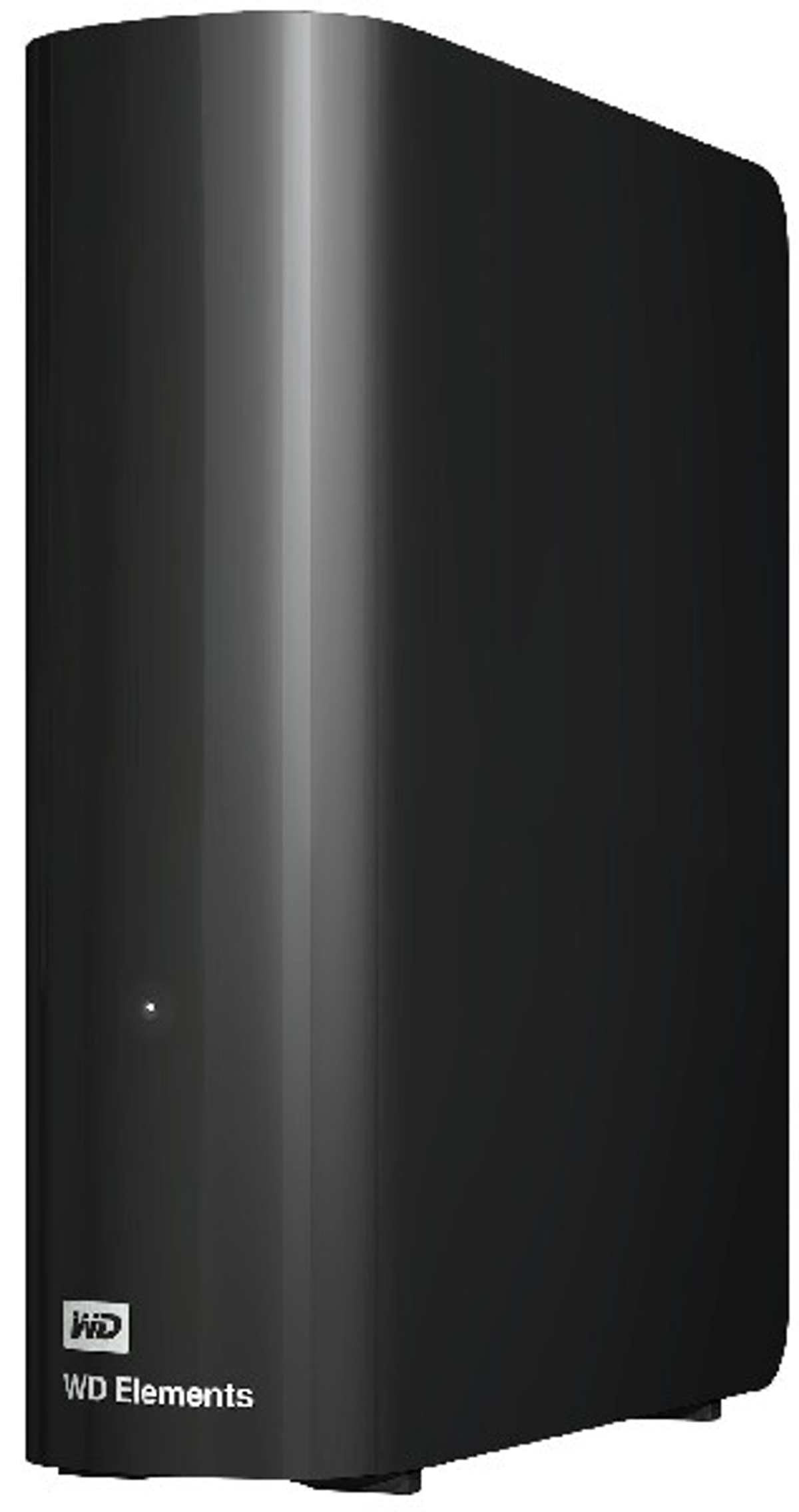 Czarny zewnętrzny dysk twardy WD Elements. Przód jest błyszczący, z białym światłem i logo WD Elements.