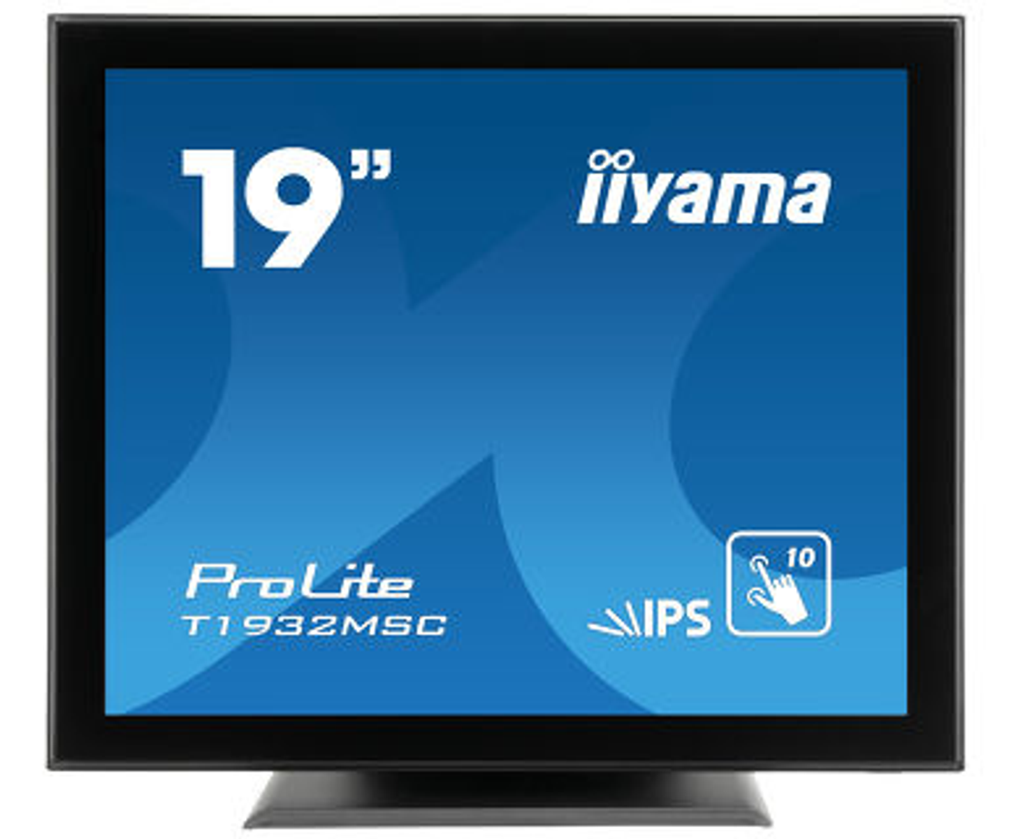 19" iiyama ProLite Touchscreen-Monitor. Blauer Bildschirm, schwarzer Rahmen und Ständer.