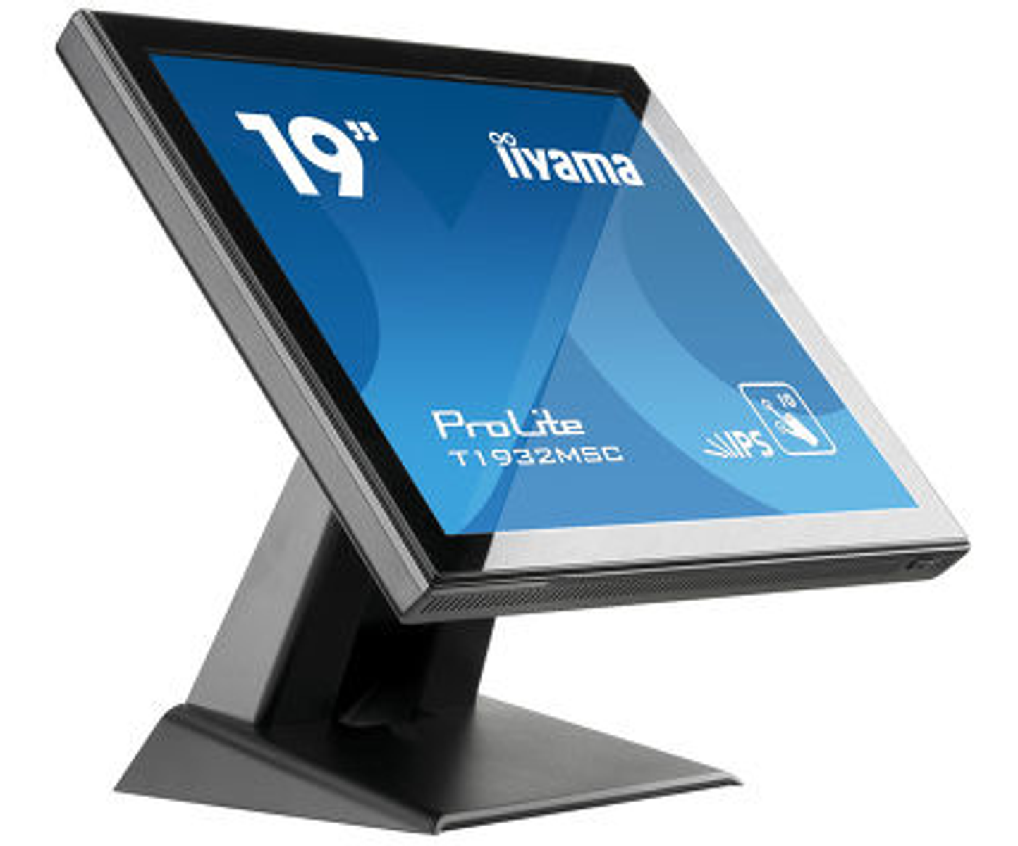 Ein 19-Zoll-iiyama ProLite-Touchscreen-Monitor auf einem Ständer, nach oben abgewinkelt. Blauer Bildschirm mit Text.