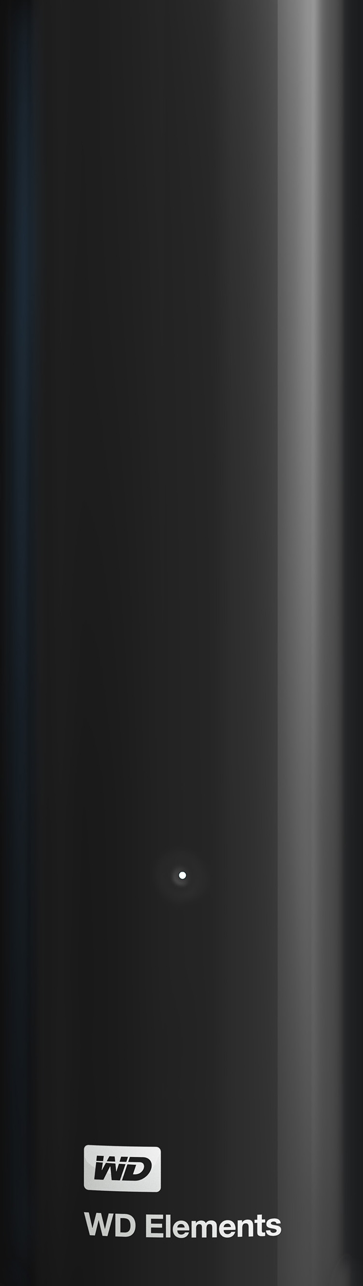 Czarny dysk zewnętrzny WD Elements. Białe logo WD, widok pionowy.