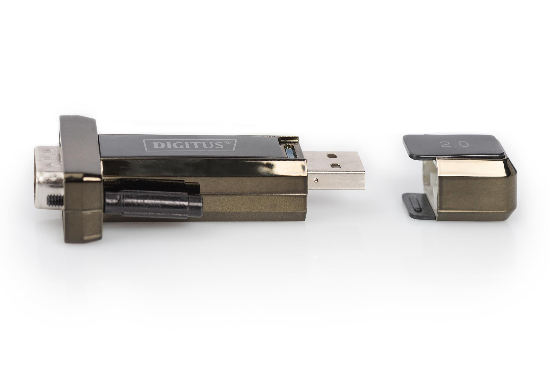 Schwarzes und graues Digitus USB-Gerät mit abnehmbarer Kappe. Weißer Hintergrund.