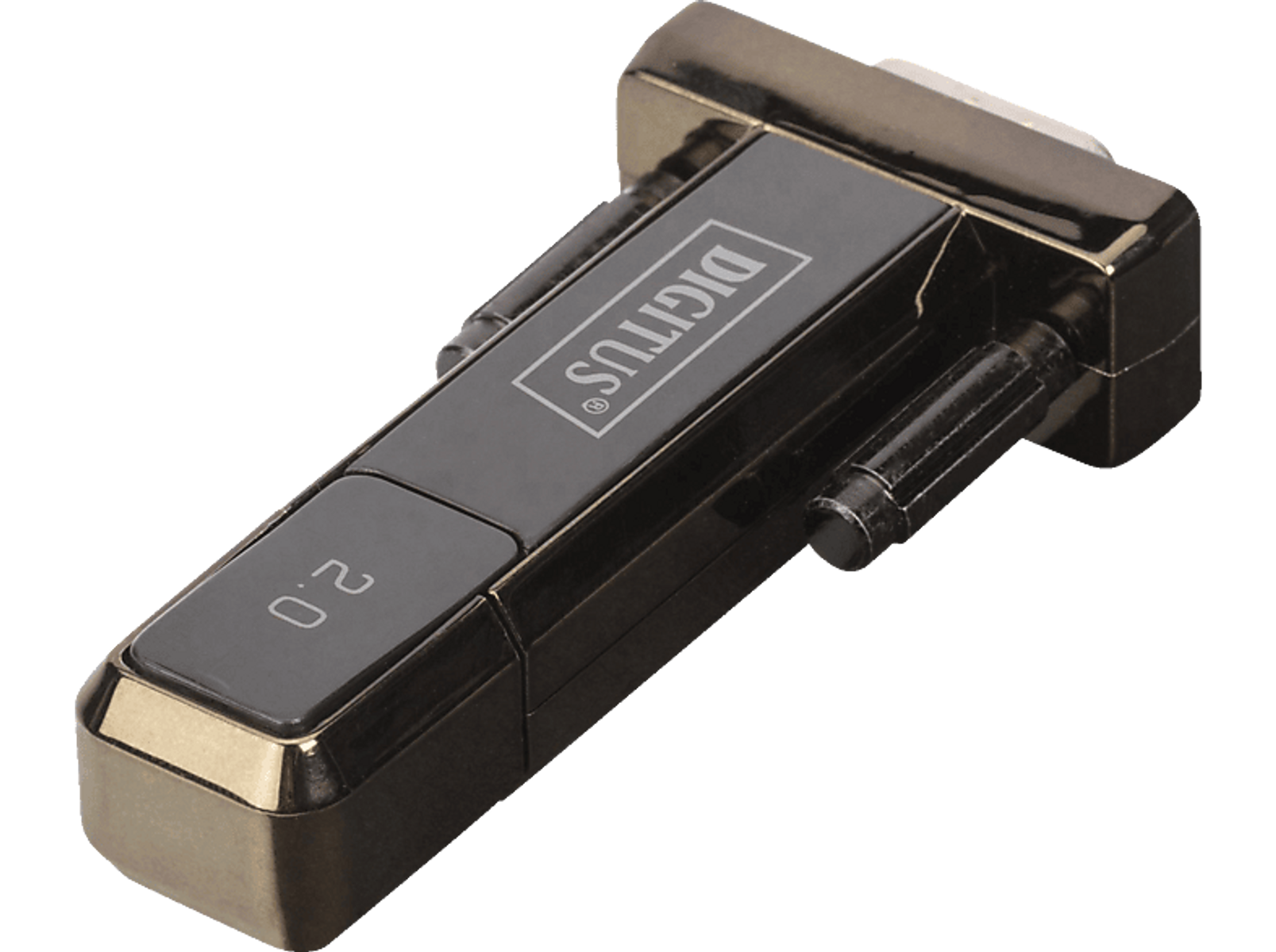 Schwarzer Digitus USB 2.0-Adapter mit VGA-Anschluss. Der Adapter ist metallisch und glänzend.