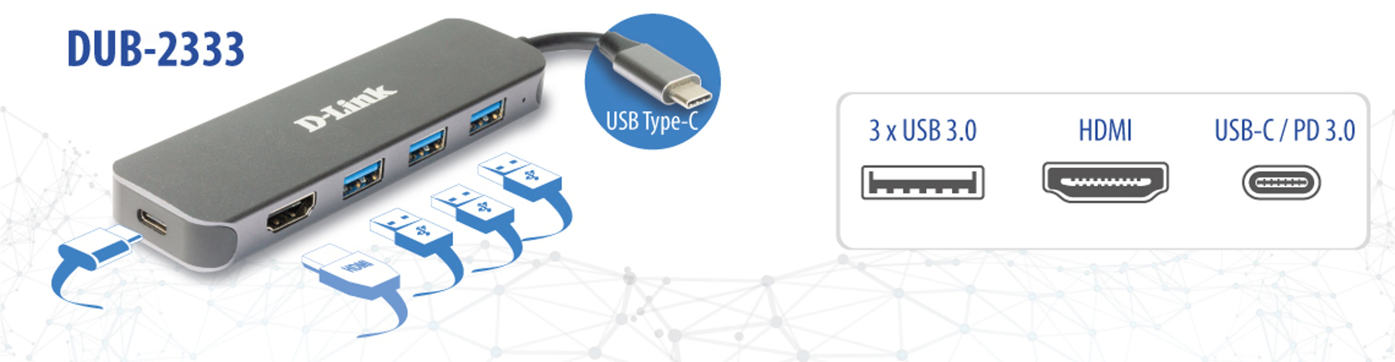 Hub USB D-Link, con porte USB e HDMI e una porta USB-C, su sfondo bianco.