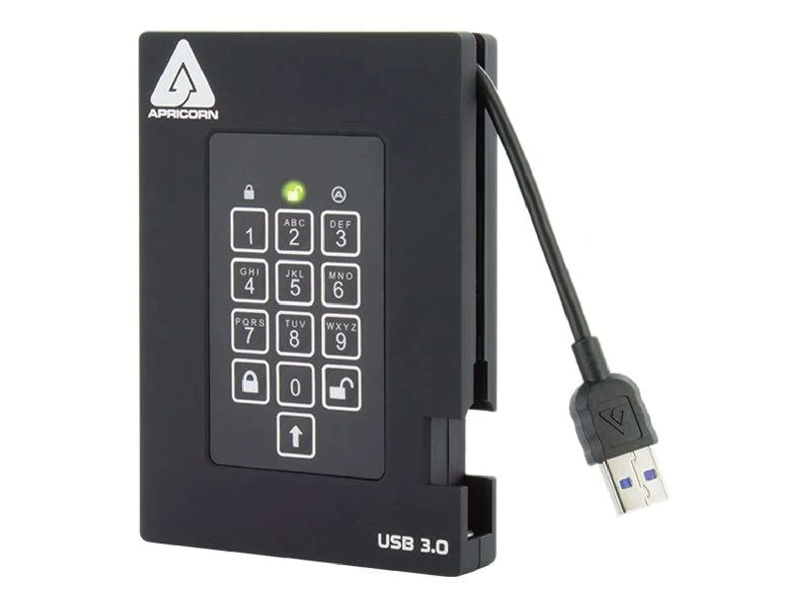 Schwarze Festplatte mit Tastatur. Es hat auch ein USB 3.0-Kabel.