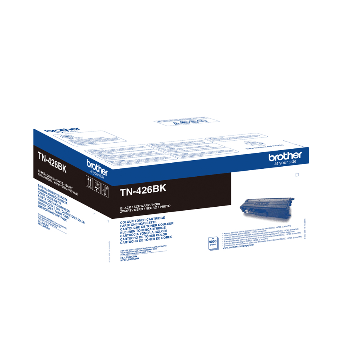 Scatola con toner per stampante, marchio nero e blu.