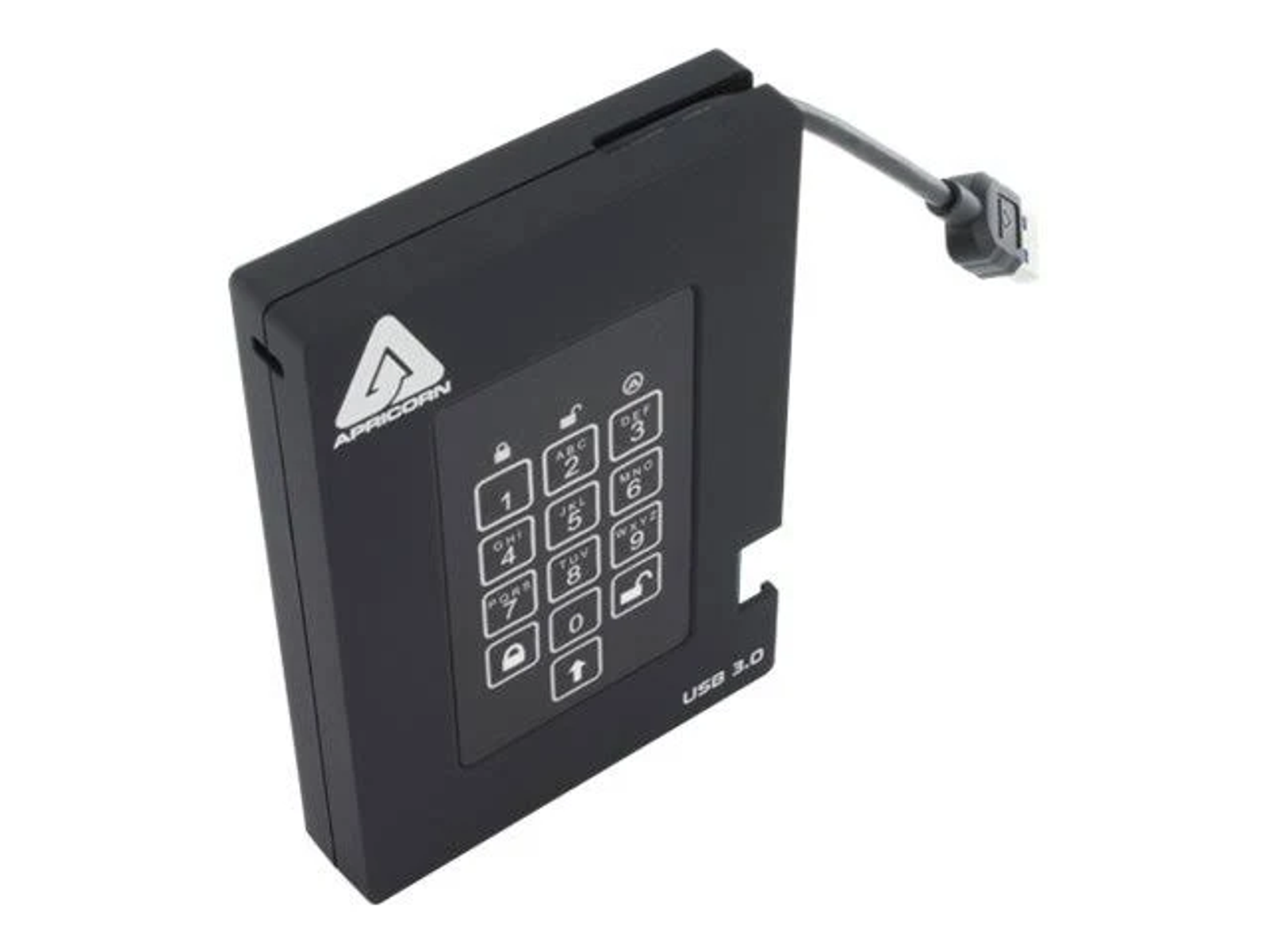 Schwarzes Apricorn USB 3.0 Laufwerk. Tastatur auf der Vorderseite, mit einem USB-Kabel oben.