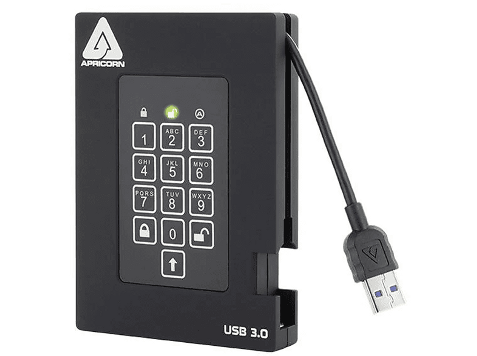 Un disque dur externe Apricorn noir avec un pavé numérique et un câble USB.