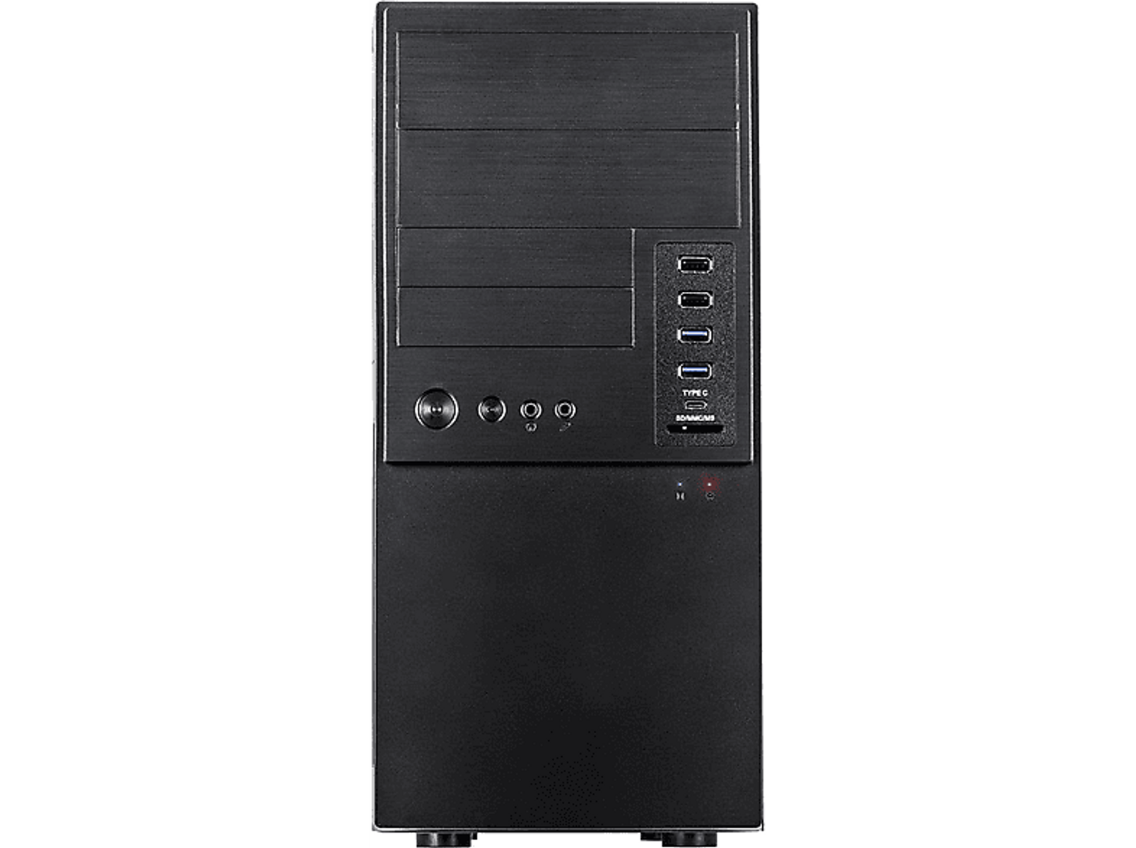Schwarzes Computergehäuse, die Vorderseite mit Knöpfen, Anschlüssen und rotem Licht.
