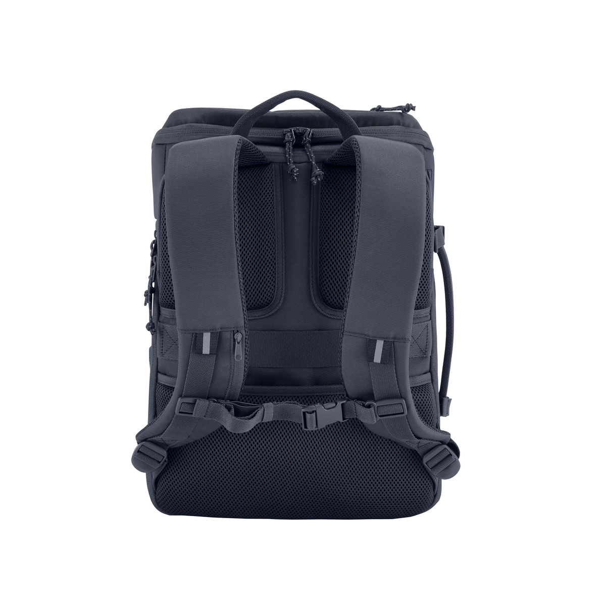Uno zaino blu scuro con spallacci imbottiti e supporto per la schiena. Ha tasche e cerniere multiple.