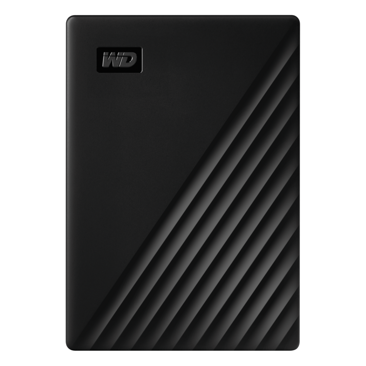 Czarny dysk twardy zewnętrzny WD My Passport z przekątnymi liniami.