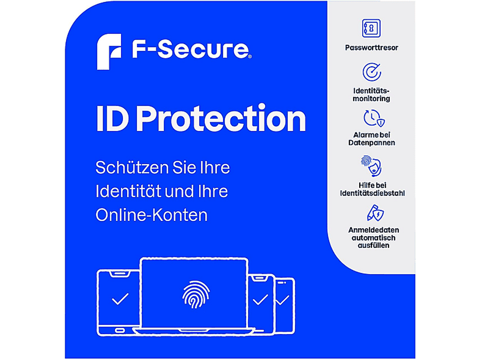 Sfondo blu con il logo F-Secure ID Protection e icone con testo. Informazioni sulla protezione dell'identità.