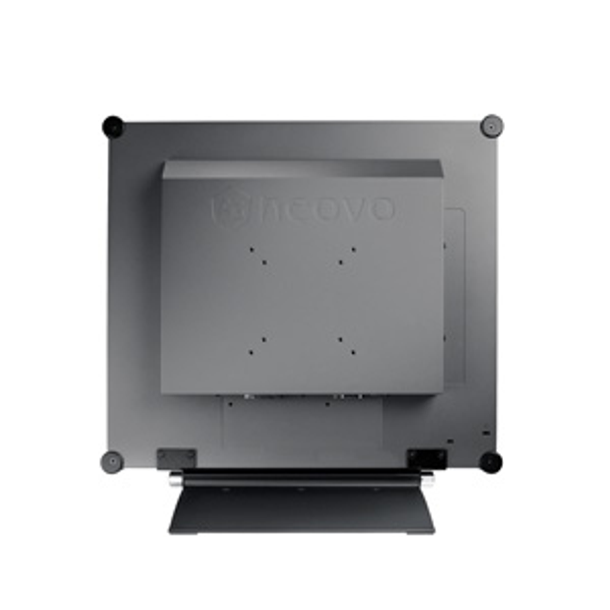 Szary tył monitora z czarną podstawą.