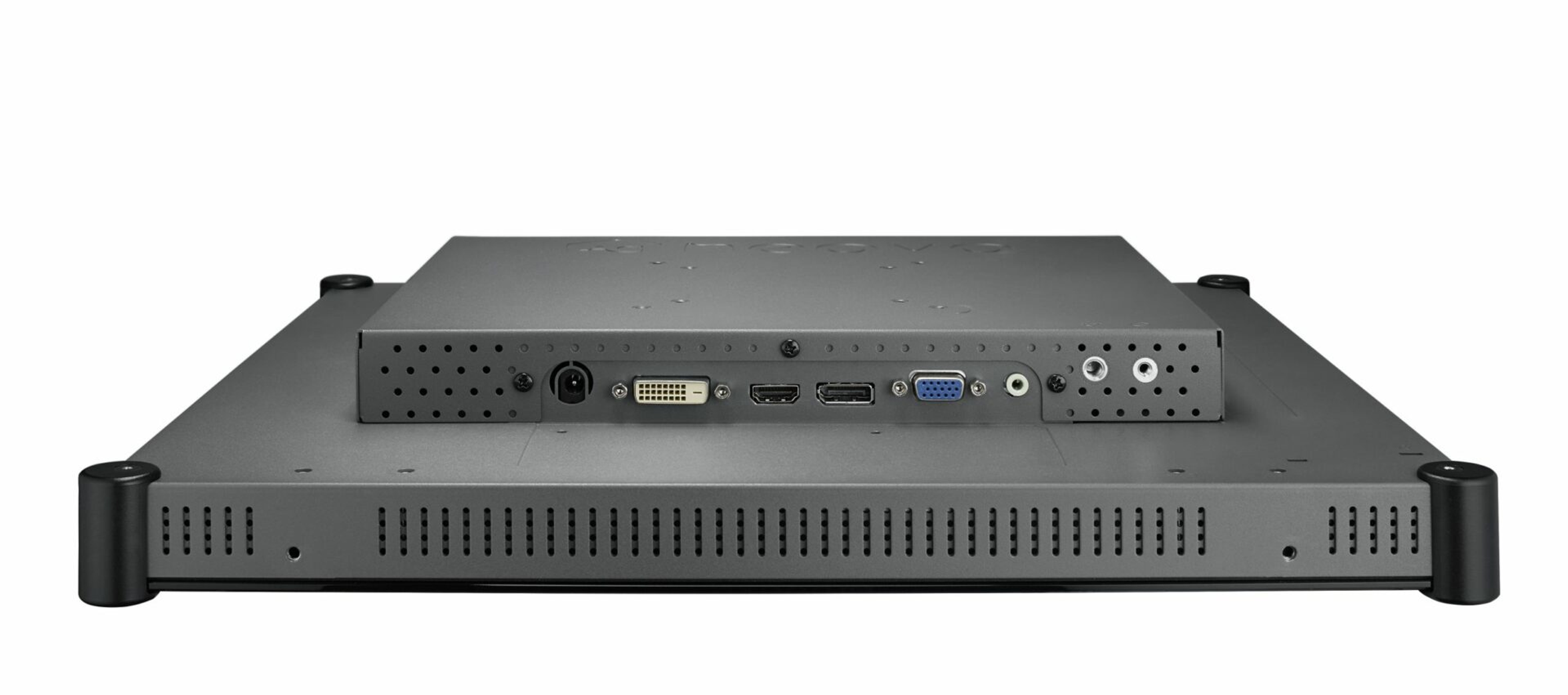 Tył ekranu z różnymi portami, tylny panel z otworami wentylacyjnymi i czarną ramką.