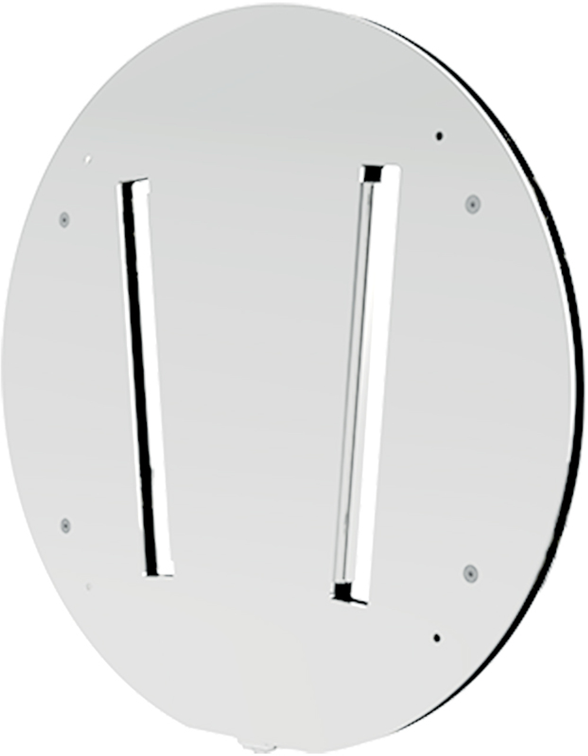 Un objet rond en métal argenté avec deux rectangles découpés. C'est un miroir.