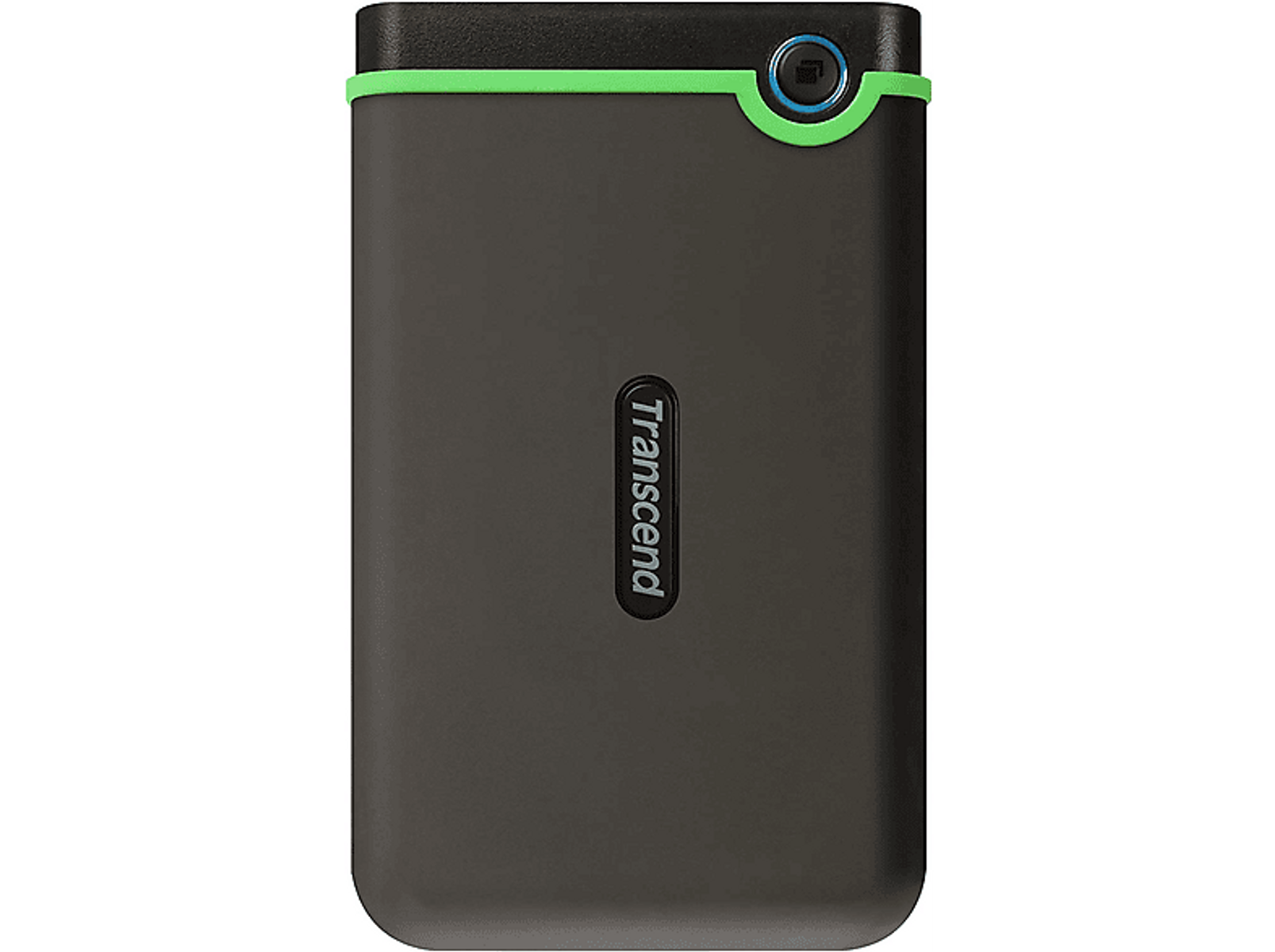 Czarny zewnętrzny dysk twardy Transcend z zielonym akcentem. Logo Transcend jest widoczne.
