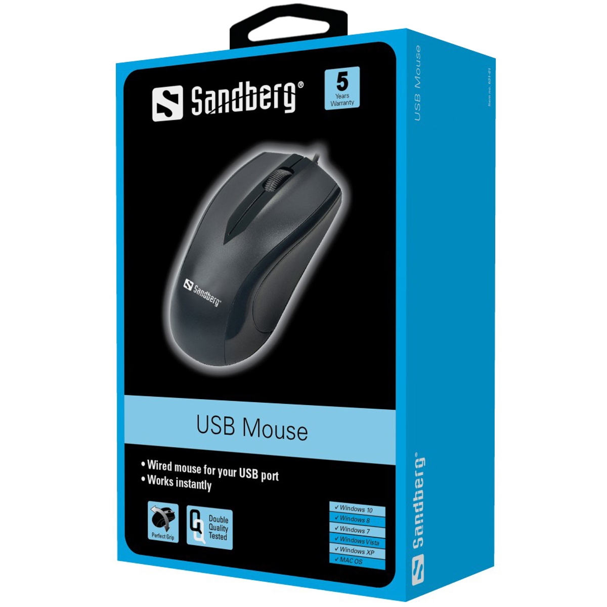 Ratón USB Sandberg negro en caja. El ratón es con cable. La caja es azul. Tiene 5 años de garantía.