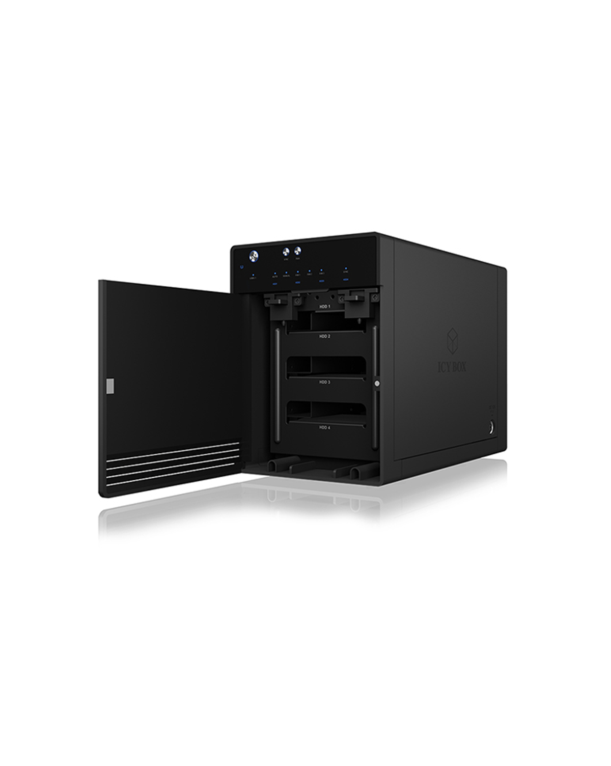 Schwarzer Server mit offener Tür, der interne Laufwerksschächte zeigt.