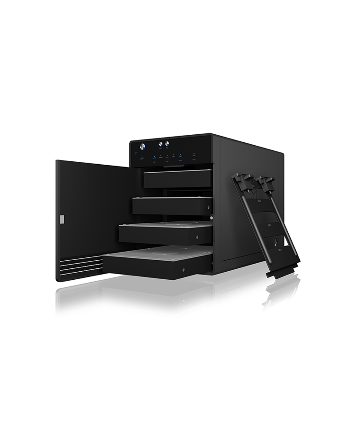 Schwarzer Server-Rack mit offener Tür, die Regale zeigt. Daneben ein schwarzer Rack.